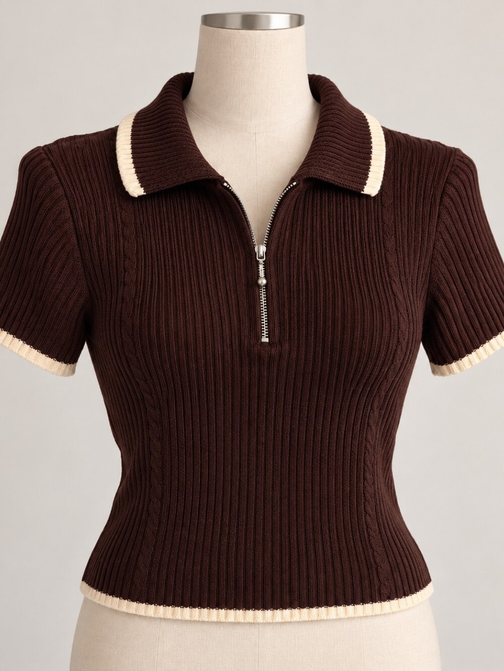 Attitude Chocolate Brown 100% Cotton Ribbed Half-Zip Polo Sweater Top Size L/G